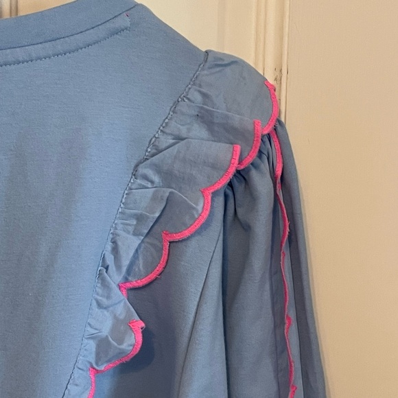 Lilly Pulitzer Suzy Ruffle Sweatshirt Light Blue Pink Balloon Sleeve M - Picture 6 of 8